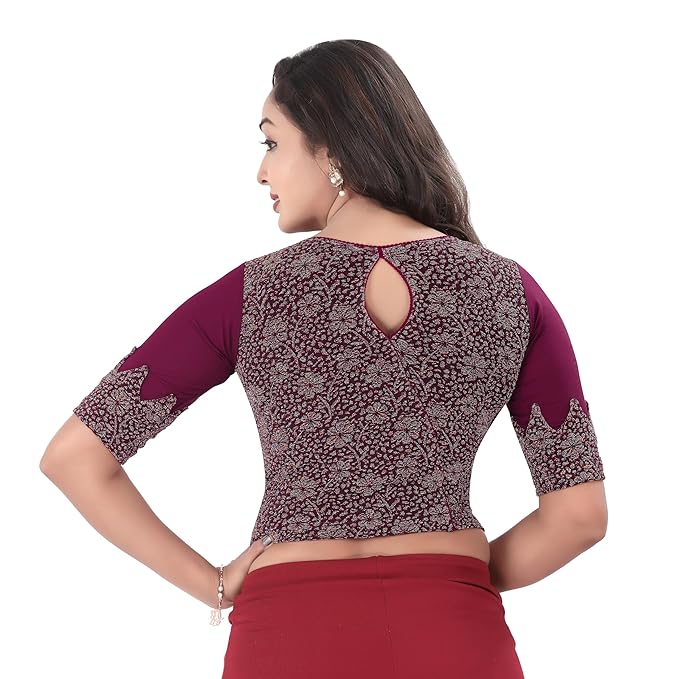 Round Neck Cotton Lycra Regular Fit Saree Blouse for Women | Half Sleeve Readymade Stretchy Embroidered Design with Silver Zari Festive Blouse Perfect for Saree, Lehenga, Kurti | 32-44